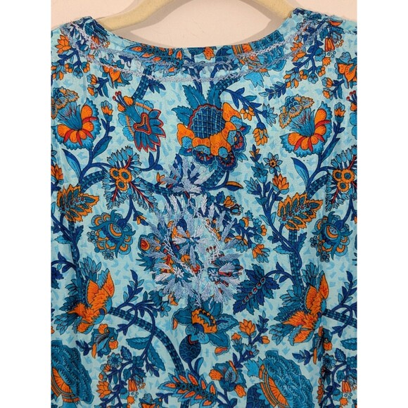 Dolma Silk Blend Floral Blue Tunic Hand Embroidered Henley Bohemian Indian Sz M - Picture 11 of 12